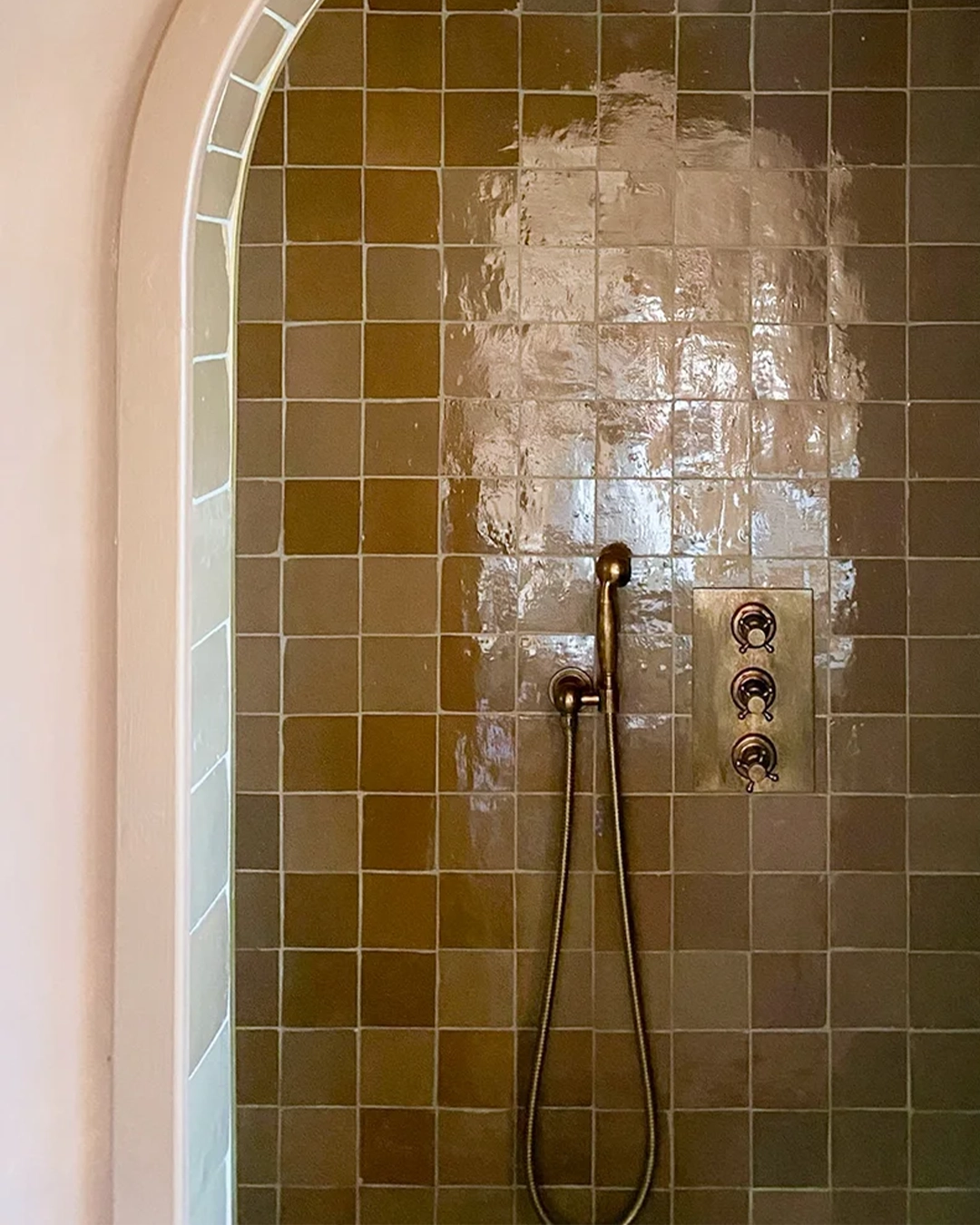 Bathroom shower with brown zellige wall
